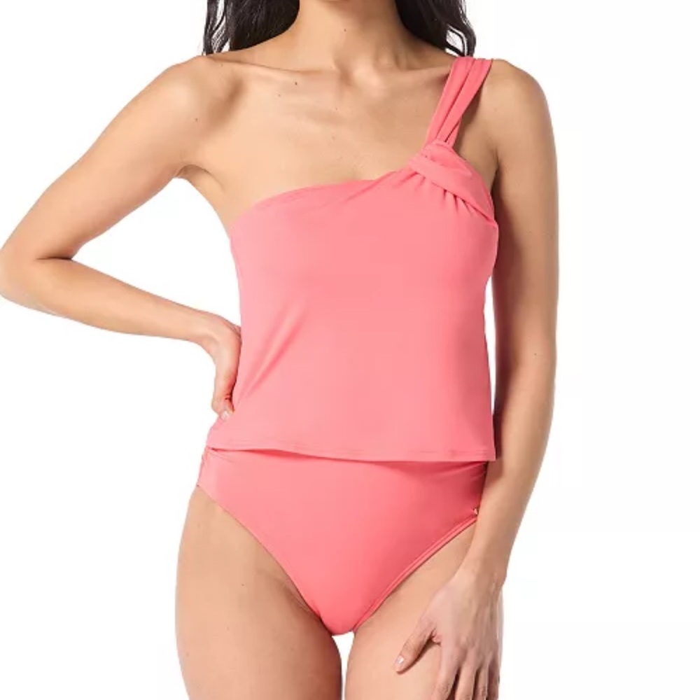 FULL SET- One-Shoulder Pink Tankini (top & bottom both coral) Swimsuit